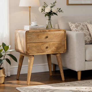 Sunvega Curved Oak-ish Bedside Table with Clean Lines and Contemporary Aesthetic