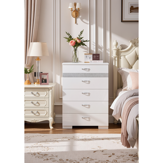 Sunvega White High Gloss Chest with 5 Spacious Drawers and Glittery Accents
