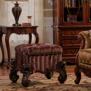 Sunvega Brown and Cherry Oak Vanity Stool with Nailhead Trim and Button Tufted Seat