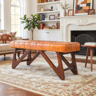 Sunvega Mid-Century Modern Tan Leather Upholstered Bench with Buttons and Solid Wood Frame