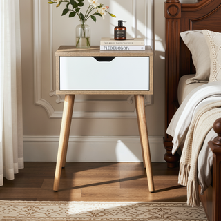 Sunvega Mid-Century Modern Bedside Table with 2 Drawers and Rubber Wood Legs