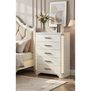 Sunvega Beige Wood 5-Drawer Chest with Gold Accent Pulls and LED Lighting