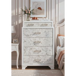 Sunvega Modern White Chest with Marble Accent Drawers and Silver Handles for Bedroom
