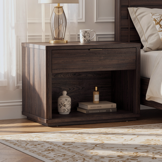Sunvega Modern Brown Nightstand with Open Shelf and Drawer for Bedroom