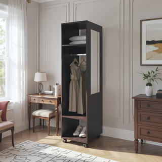 Sunvega Wenge 3-Shelf Wardrobe with Mirror and Open Storage for Bedroom