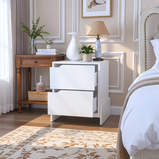 Sunvega Brookland Nightstand with Double Drawers and Sturdy Base in White Macadamia