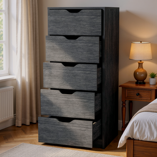 Sunvega Smokey Oak 5 Narrow Drawer Dresser with Pull-Out Mechanism and Spacious Storage