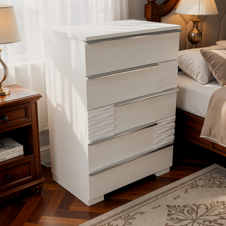 Sunvega Modern White Lacquer 5-Drawer Chest of Drawers in Poplar Wood