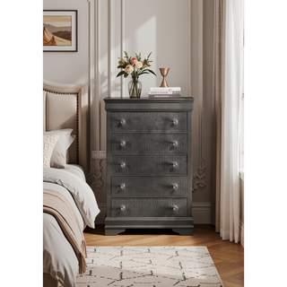 Sunvega Modern Metallic Gray Wood 5-Drawer Chest with Textured Surface and Crystal Knobs