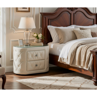 Sunvega Modern Oval Nightstand with Tufted Upholstery and Two Fabric Storage Drawers