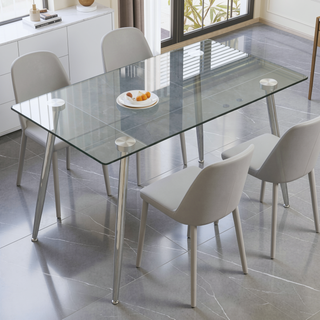 Sunvega Modern Rectangular Glass Dining Table with Tempered Tabletop and Silver Metal Legs
