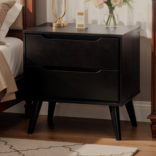Sunvega Mid-Century Modern Black Solid Wood Nightstand with 2 Drawers and Round Tapered Legs