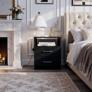 Sunvega 19.9 Inch High Nightstand with Two Drawers and Open Shelf