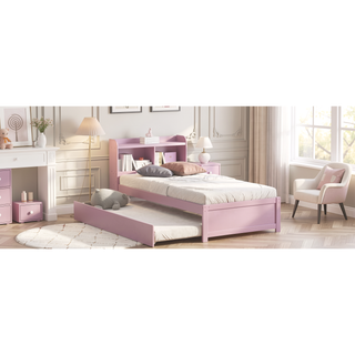 Sunvega White Twin Trundle Bed with Storage Headboard and Bookcase