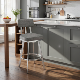 Sunvega 30 Inch Swivel Bar Stool with Gray Faux Leather Upholstery and Brushed Stainless Steel