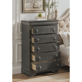 Sunvega Modern Metallic Gray Wood 5-Drawer Chest with Textured Surface and Crystal Knobs
