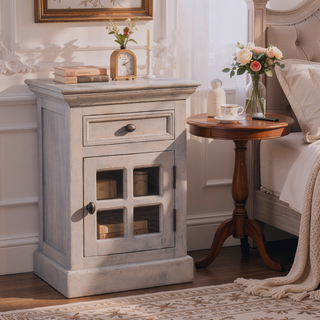 Sunvega Glazed Stone Bedside Table with Drawer and Storage in Acid Wash White