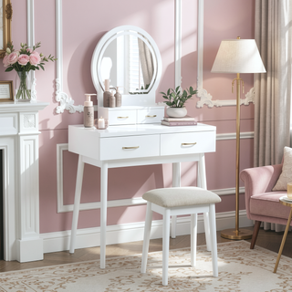 Sunvega Pink Finish Vanity Dresser with Mirror and Stool Set LED Light