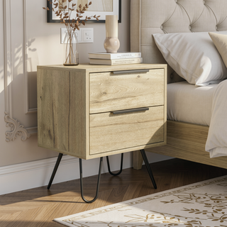 Sunvega Modern Hairpin Leg Nightstand with Two Drawers in Light Oak