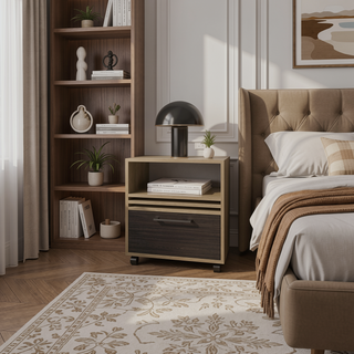 Sunvega Natural Oak Nightstand with Drawer and Open Shelf for Storage