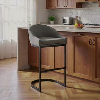 Sunvega Black Metal Bar Stool with Gray Faux Leather Upholstery and Cantilever Base