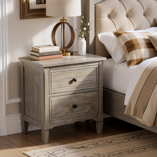 Sunvega Wire Brushed Gray Wooden Nightstand with 2 Drawers and Round Knobs