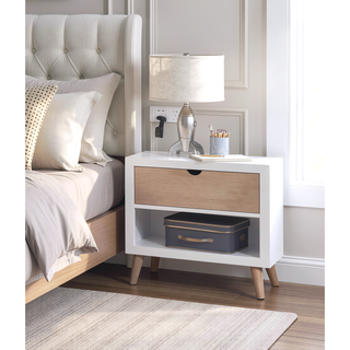 Sunvega White and Natural Finish Pine Wood Nightstand with Drawer and Shelf