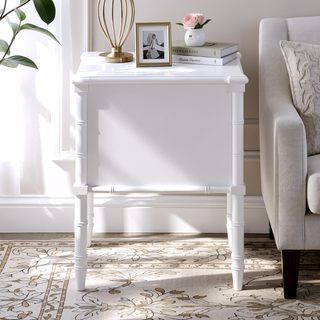 Sunvega White Emmett Nightstand with Two Drawers and Carved Wood Legs