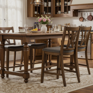 Sunvega Brown Solid Wood Frame Counter Height Stool with Gray Faux Leather Saddle Seat