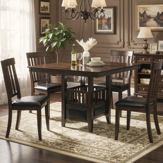 Sunvega Espresso Square Counter Height Table with Storage Pedestal and Stemware Rack