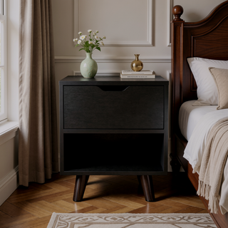 Sunvega Modern Nightstand with Open Shelf and Drawer on Wooden Legs