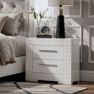Sunvega White High Gloss Nightstand with Metal Side Glide and 2 Drawers