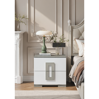 Sunvega Sleek White Modern Nightstand with Two Spacious Drawers for Bedside