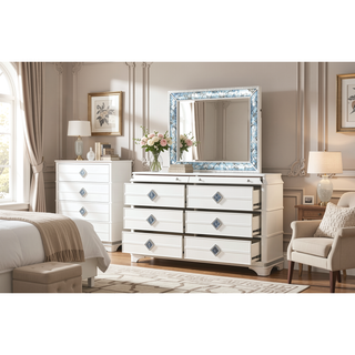 Sunvega Modern White Dresser with Six Soft Closing Drawers and Crystal Accent Handles