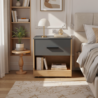 Sunvega Modern Natural Oak Nightstand with Drawer and Open Shelf for Bedroom