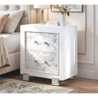 Sunvega Marble Style White Nightstand with Spacious Drawers and Knob Hardware