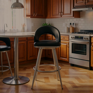 Sunvega Brushed Stainless Steel Swivel Bar Stool with Black Faux Leather Upholstery
