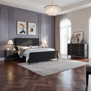 Sunvega Mason Black Wood Dresser with Wire Brushed Finish and Golden Handles