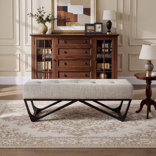 Sunvega Modern Ottoman Bench with Button-Tufted Waffle Stitch and Geometric Legs