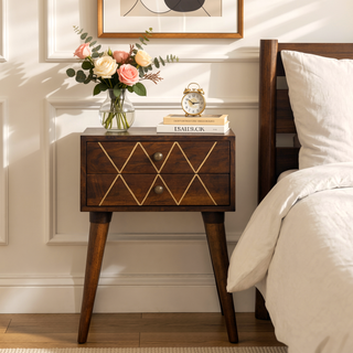 Sunvega Gold and Brown Geo Brass Inlay Bedside Table with Nordic Legs and 2 Drawers
