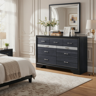 Sunvega Naima Black Finish Dresser with Jewelry Drawer and Silver Drawer Pulls