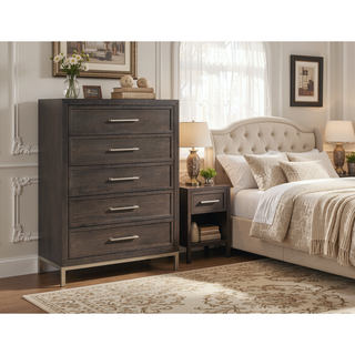 Sunvega Mindi Wood 5-Drawer Chest with Champagne Metal Base and Frame Molding