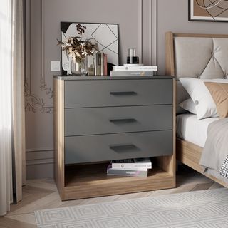 Sunvega 27" High Three Drawer Dresser And Open Shelf In Gray Oak