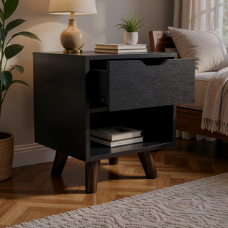 Sunvega Modern Nightstand with Spacious Drawer and Open Shelf on Chic Wooden Legs