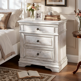 Sunvega Nightstand With USB Charging In Cathedral White Vintage Finish