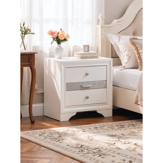 Sunvega White Laminate Wood Grain Nightstand with Silver Trim and Drawer