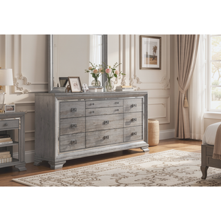 Sunvega Contemporary Glam Light Gray Brown Nightstand with Mirrored Accents and 2 Drawers