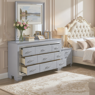 Sunvega Silver Faux Alligator Embossed Nightstand with 2 Dovetail Drawers and LED Lighting