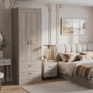 Sunvega Light Gray Armoire with Double Doors Two Drawers and Integrated Hanging Rod