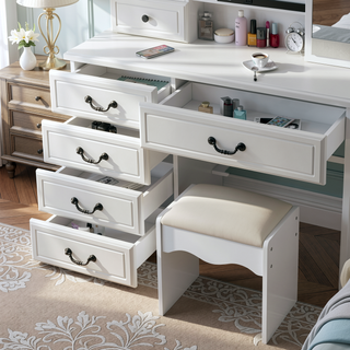 Sunvega White Vanity Desk with Mirror and Lights for Makeup with 6 Drawers